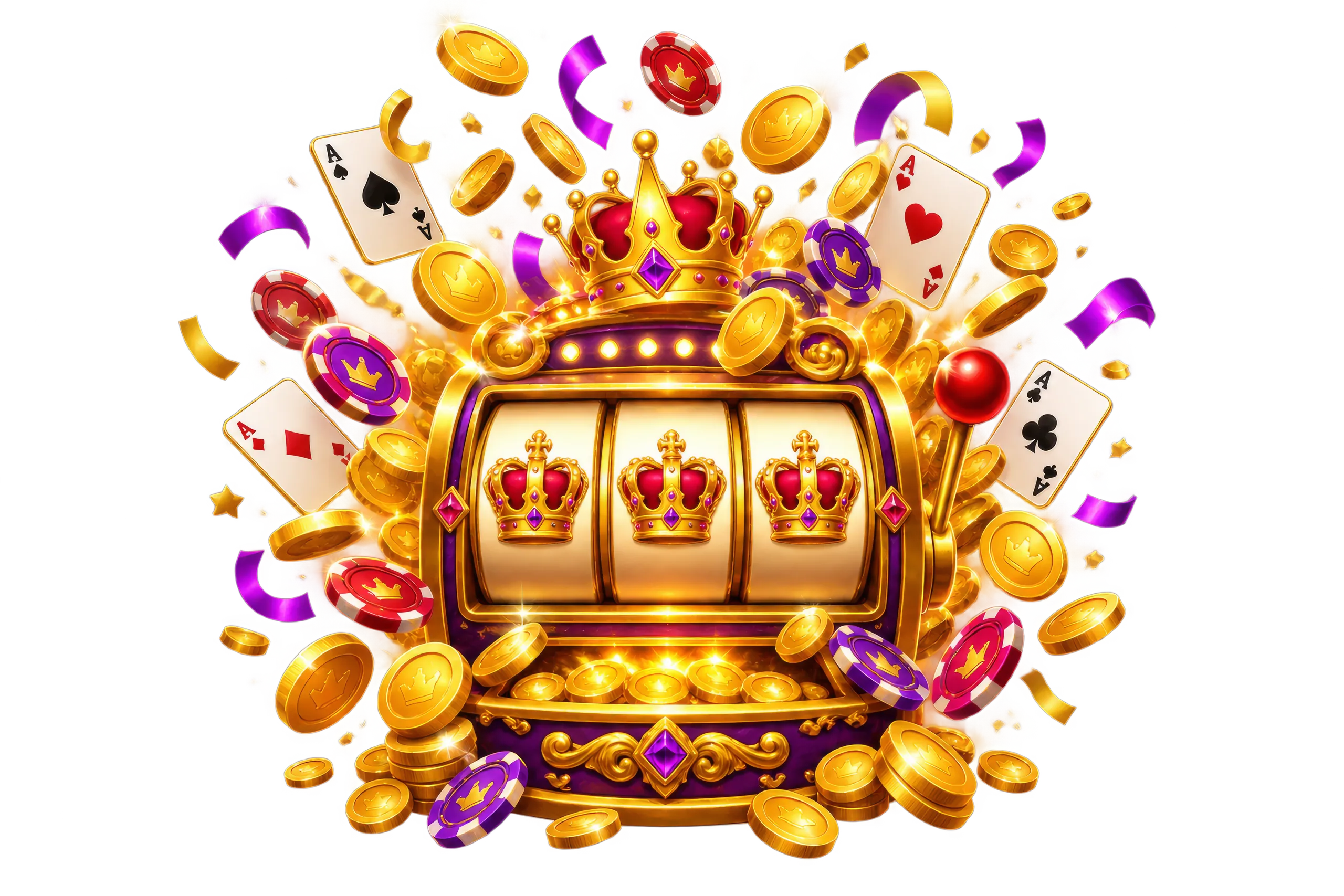 A golden slot machine hitting the jackpot: three crowns on the reels and a burst of coins, cards, chips and confetti.