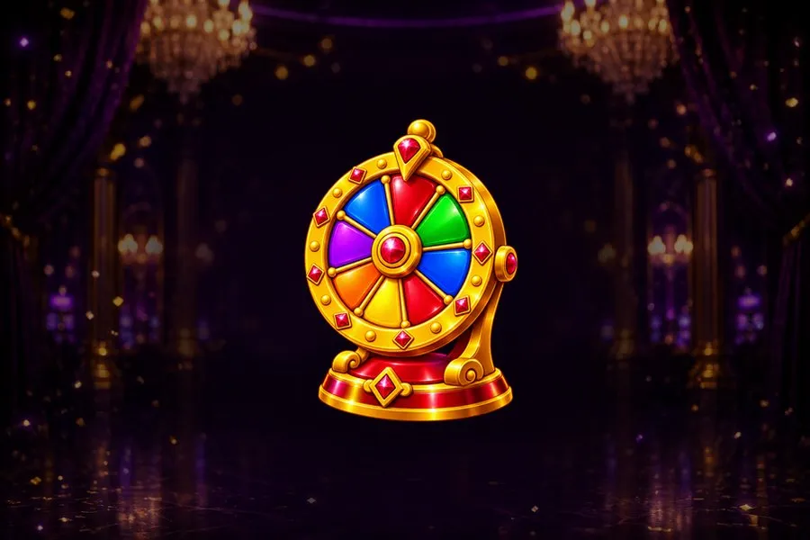 A colorful prize wheel with a red and gold jeweled base.