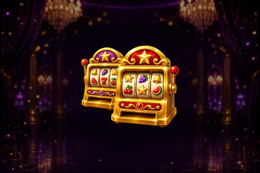 Two miniature golden slot machines side by side with colorful reels.