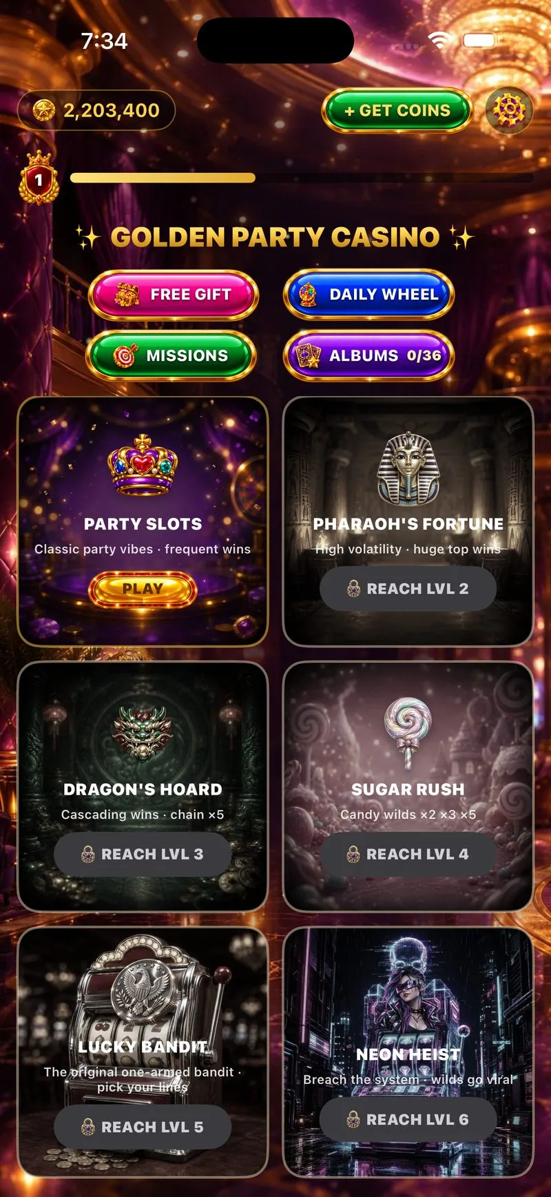 The lobby: six machine cards under the Golden Party Casino title, with Party Slots unlocked and framed in gold.