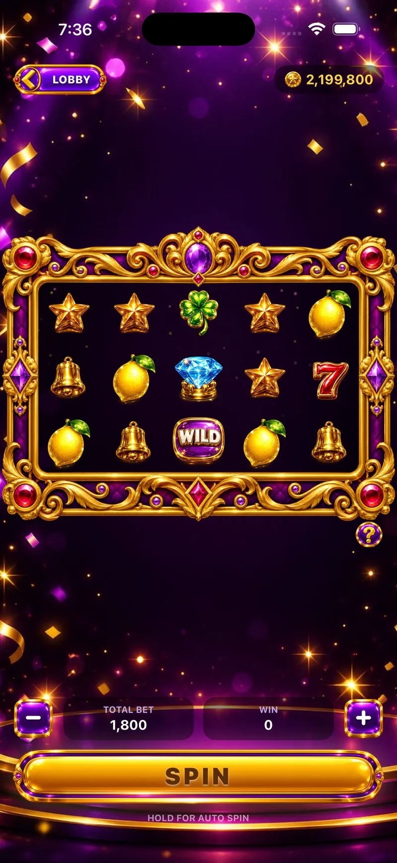 Party Slots mid-session: an ornate golden frame around five reels, a WILD symbol on the center reel.