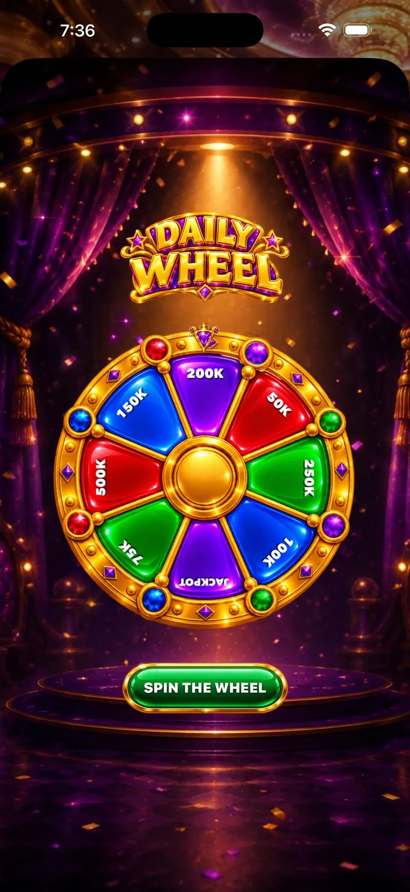 The Daily Wheel stage: a jeweled prize wheel under golden letters, ready for its free spin.