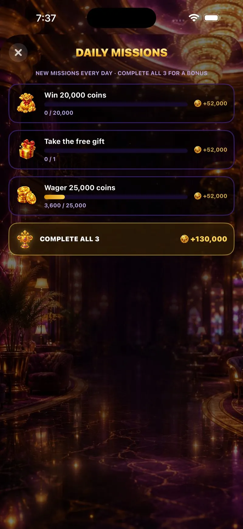 Daily missions: three tasks with progress bars, one ready to claim, and a bonus for completing all three.
