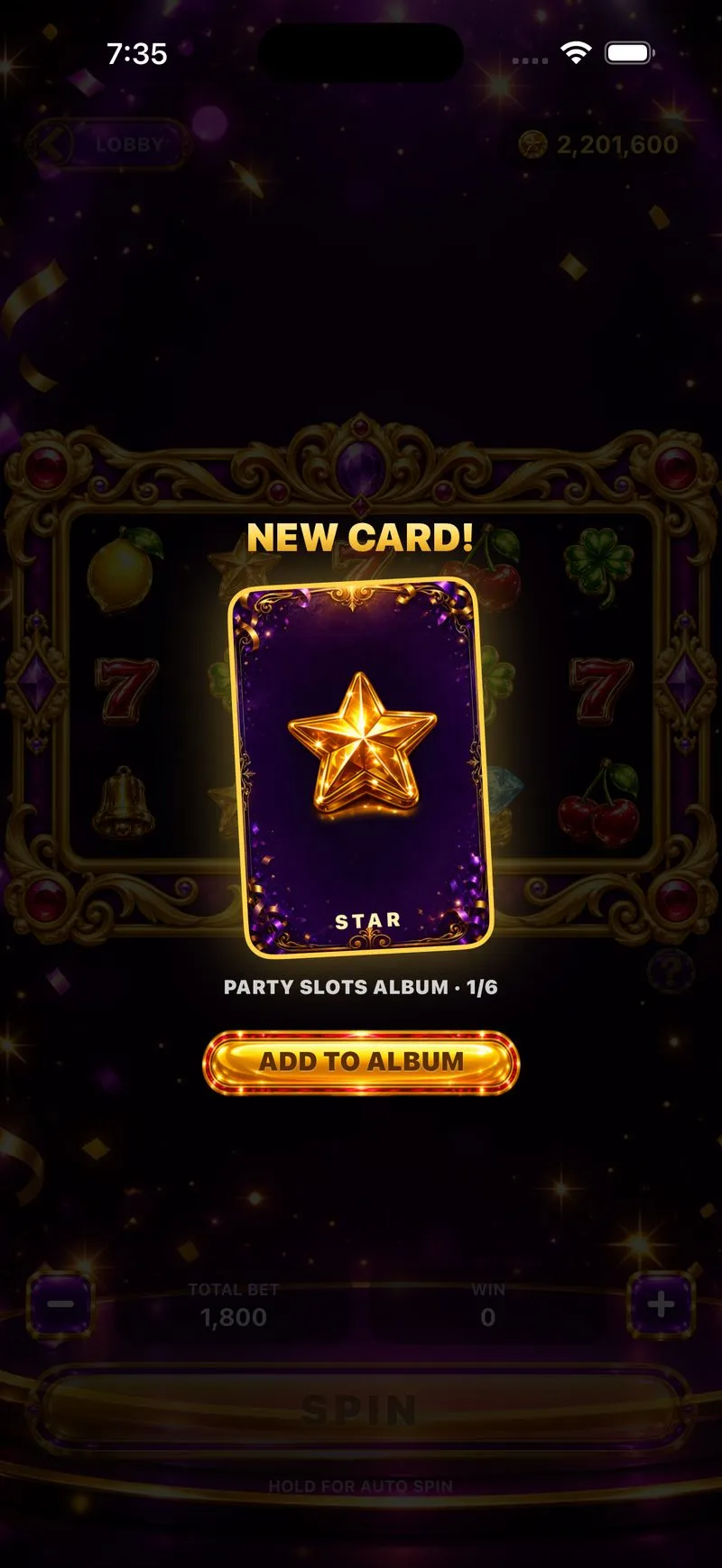 A NEW CARD popup: a golden star card dropped mid-spin, ready to be added to the Party Slots album.