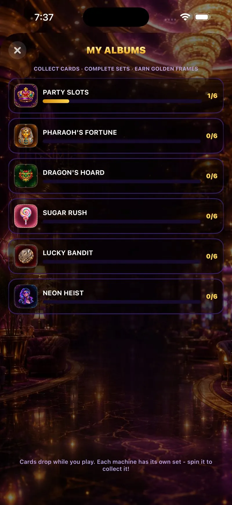 My Albums: all six machines listed with card-collection progress bars, one card already found.