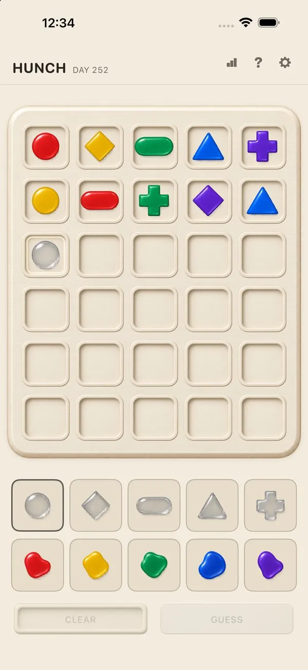 The board on day 252: two guessed rows of glyphs above four empty ones, with the shape and colour pickers below.