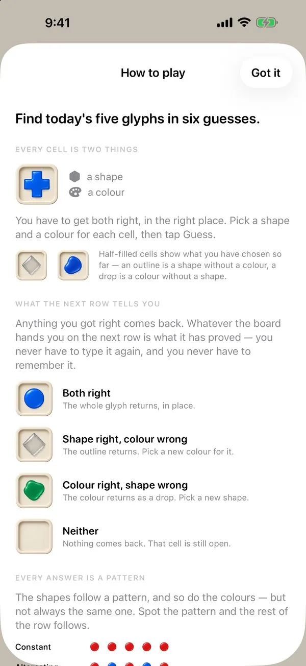 The how-to-play screen explaining that every cell is a shape and a colour, and what the board returns after each guess.