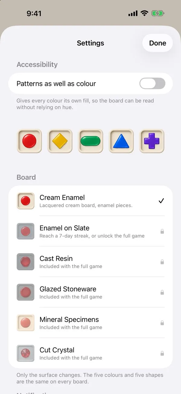 Settings: the colour-blind fill toggle, and the six boards - Cream Enamel unlocked, five more with the full game.