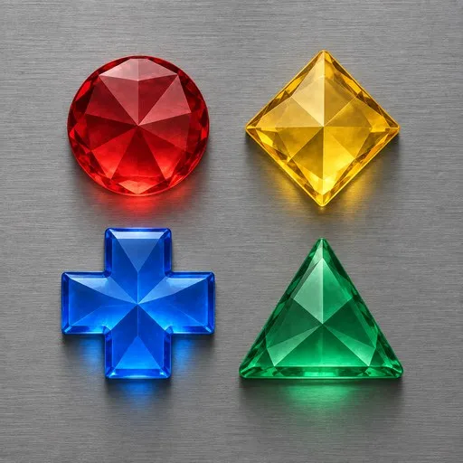 Four cut-crystal glyphs on brushed steel: a red circle, a yellow diamond, a blue cross and a green triangle.
