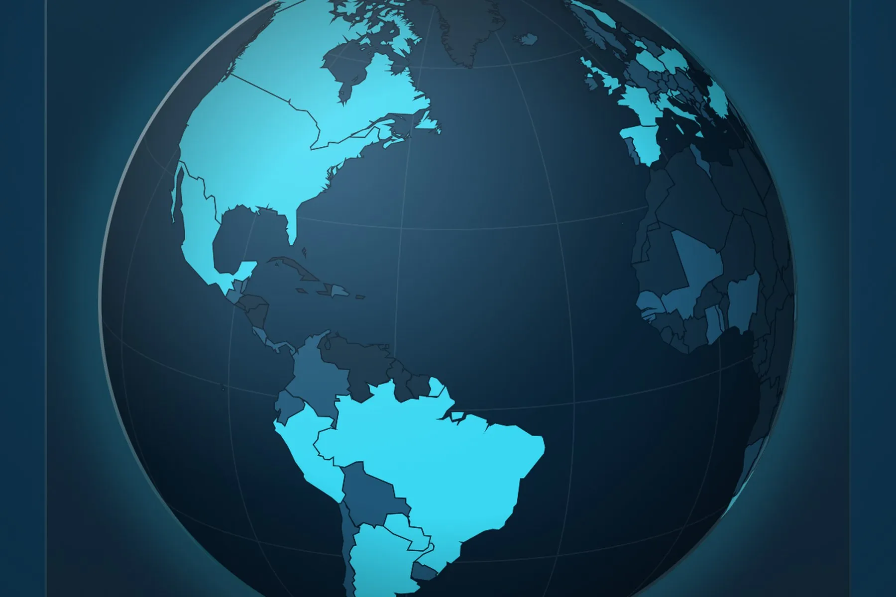 A turnable globe in the Atlas tab, with the Americas highlighted in bright cyan as visited countries.