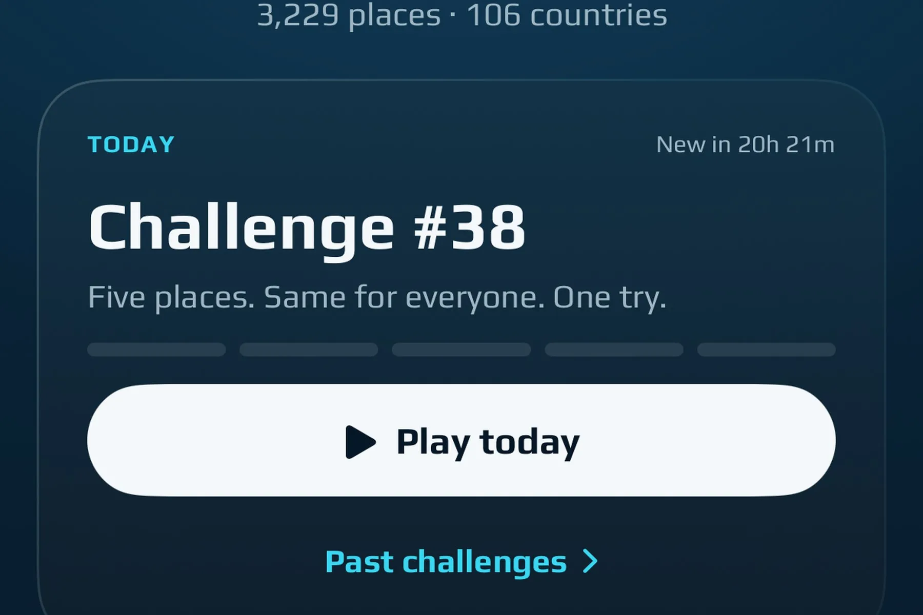 The Latlas daily card: Challenge number 38, five places, same for everyone, one try, with a Play today button.