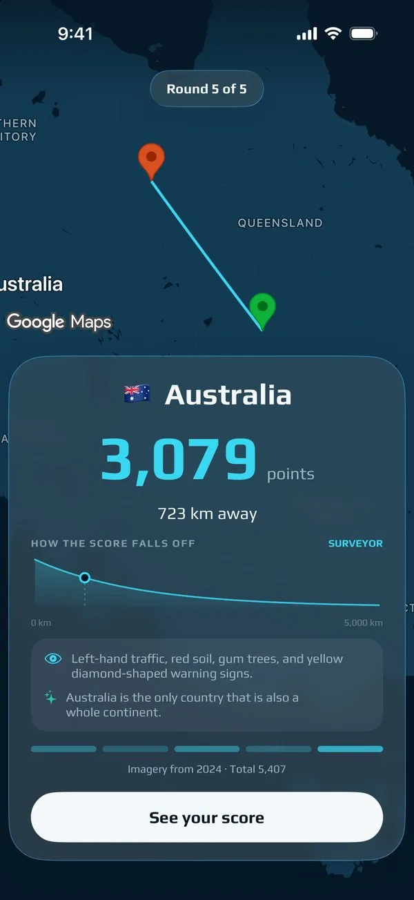 The result sheet: Australia, 3,079 points, 723 kilometres away, with a clue for the country.
