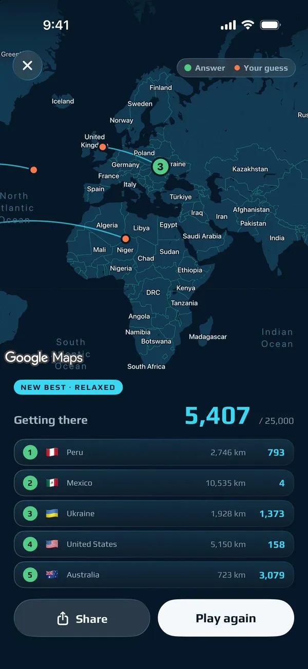 The game summary: five rounds scored on a map with your guesses joined to the real places.