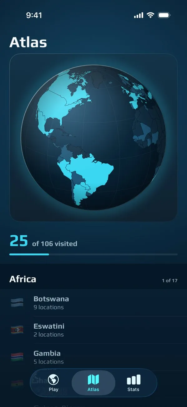 The Atlas tab: a globe of visited countries and a list grouped by continent.
