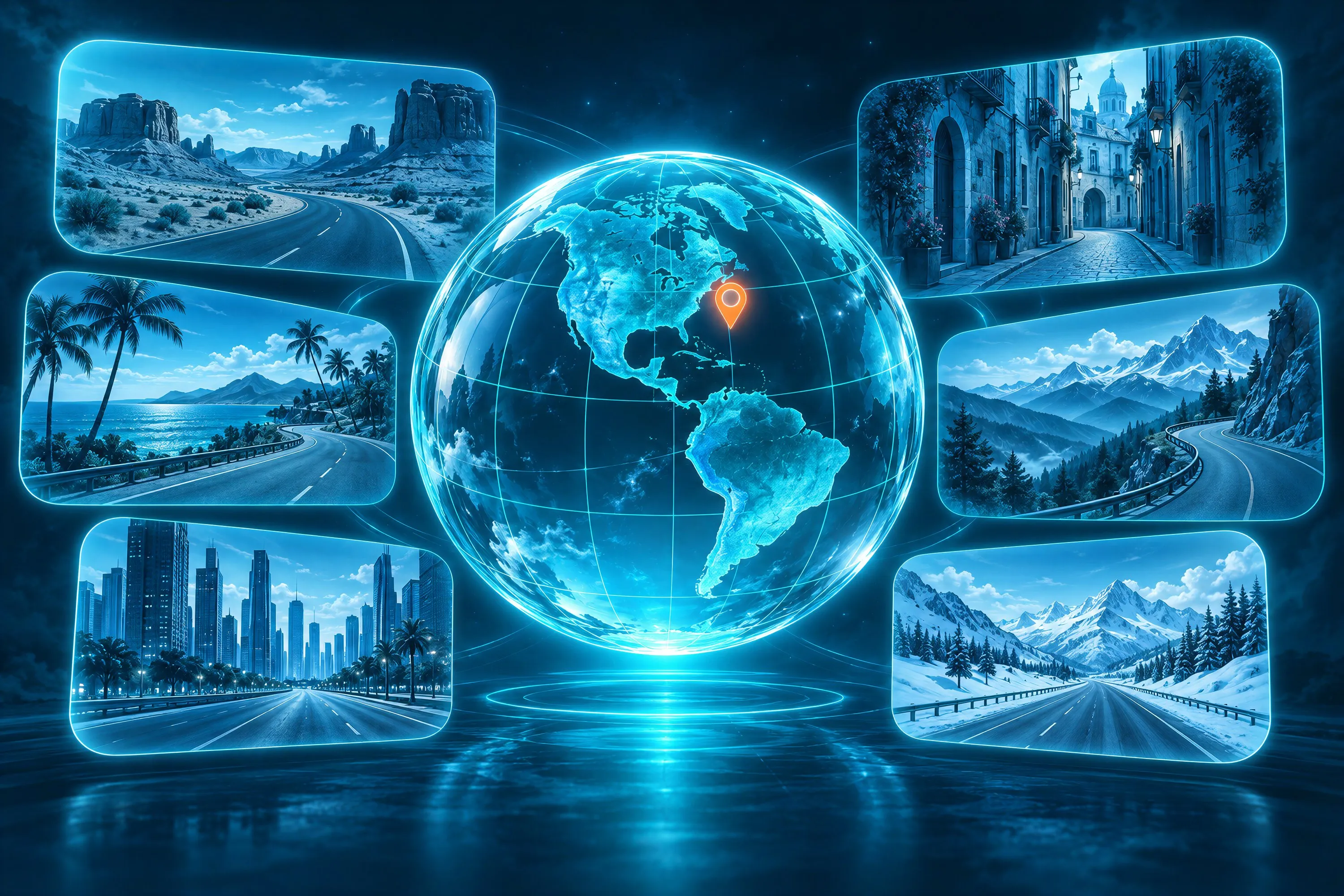 A glowing glass globe showing the Americas with one orange map pin, ringed by six floating windows of roads around the world: a desert highway, a narrow European lane, a tropical coast road, a city boulevard, an alpine pass and a snowy mountain road.