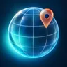Latlas app icon: a glowing glass globe with an orange map pin.