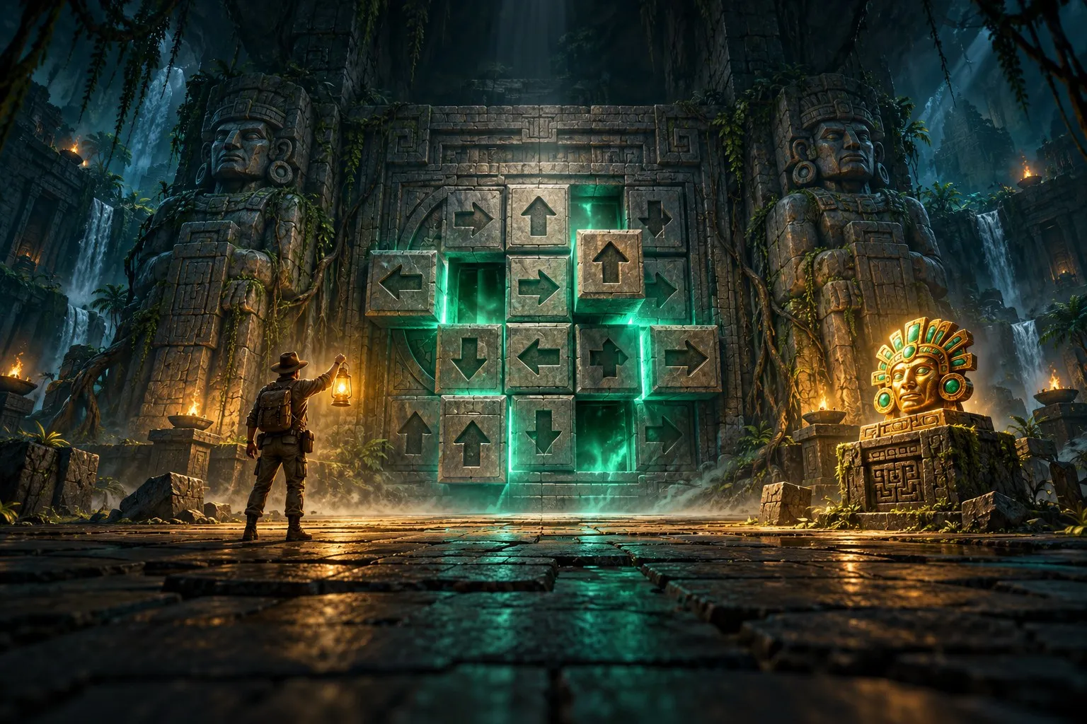 An explorer raises a lantern before a temple vault door of carved arrow tiles glowing jade, with a golden mask relic on a stone plinth beside it.