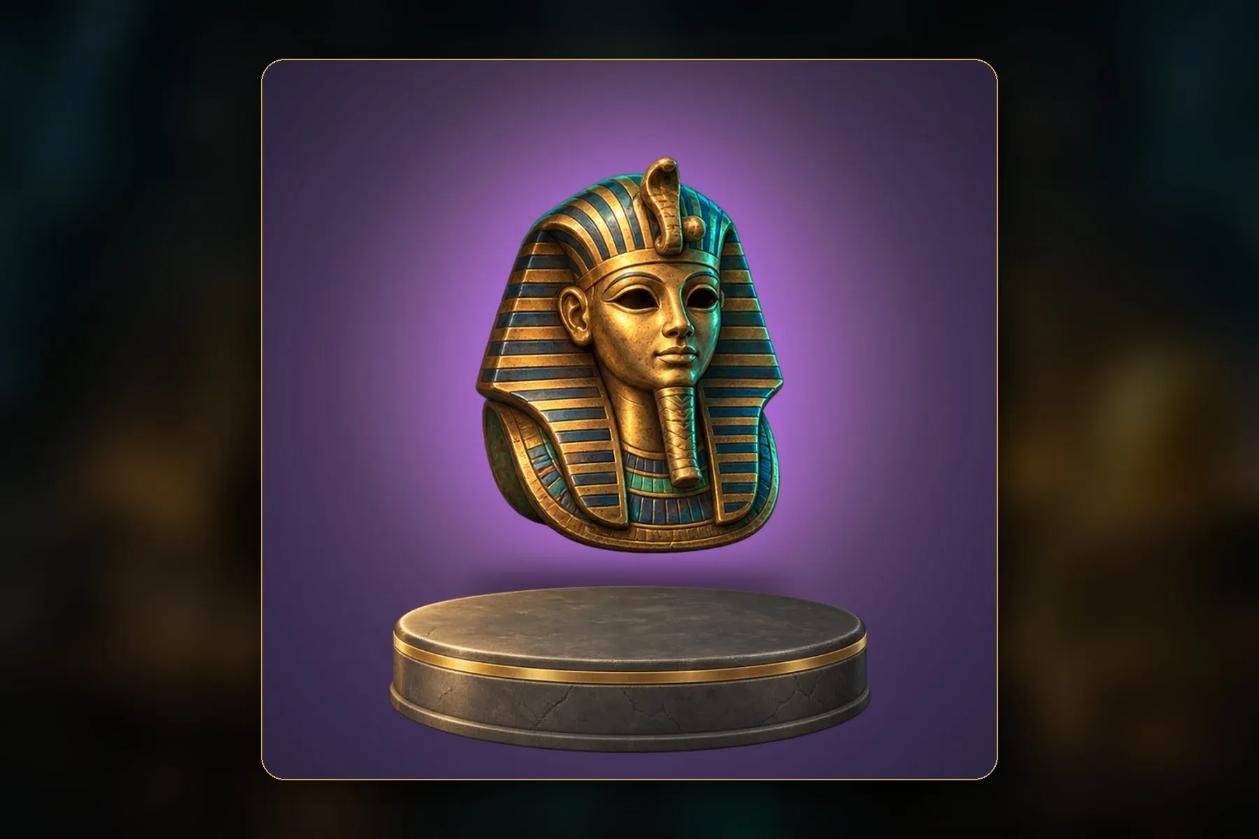 The golden Pharaoh Mask floating above a stone plinth in a violet glow.