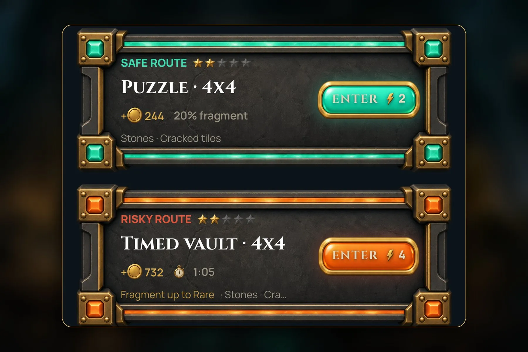 Two route cards: a jade Safe Route puzzle and an orange Risky Route timed vault, each with its coin reward and an Enter button.