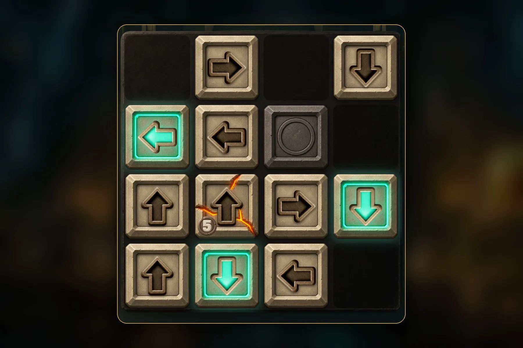 Carved stone tiles with arrows; the ones that can move glow jade, a stone block sits in the way, and a cracked tile counts down from five.