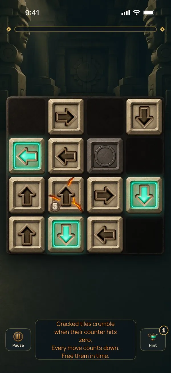A vault board of carved arrow tiles in the Jungle Temple; the tiles that can move glow jade, and a cracked tile counts down from five.