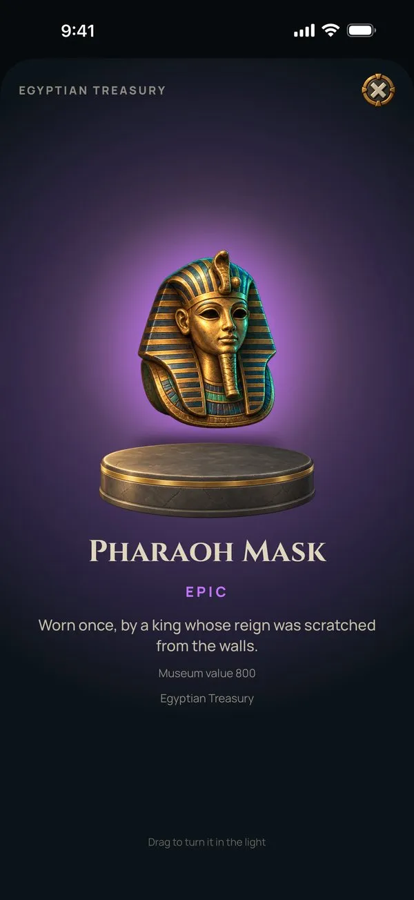 The golden Pharaoh Mask on a stone plinth, an Epic relic from the Egyptian Treasury.