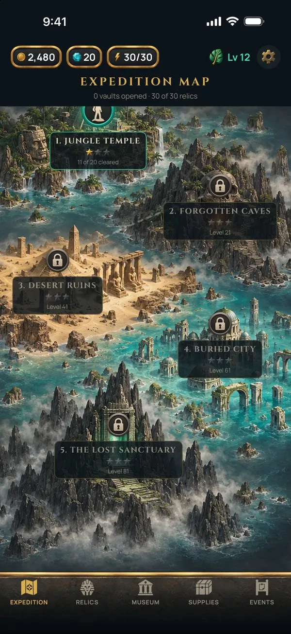 The painted world map with five regions, from the Jungle Temple to the Lost Sanctuary.