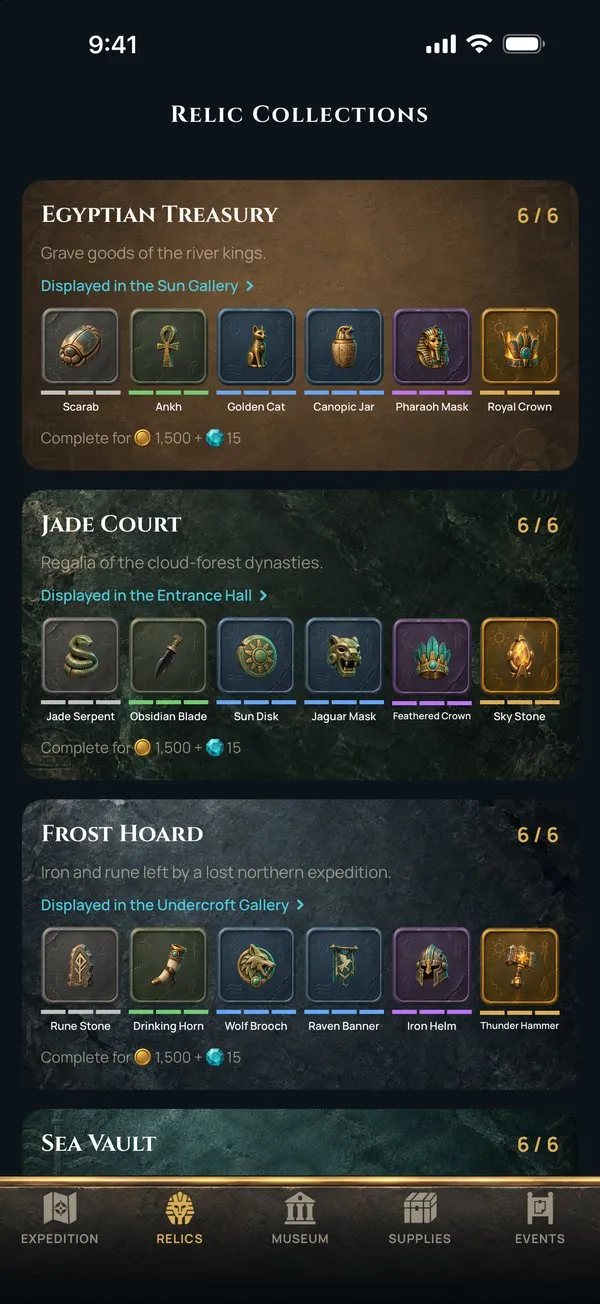 The relic collections: the Egyptian Treasury, Jade Court and Frost Hoard, six relics each.